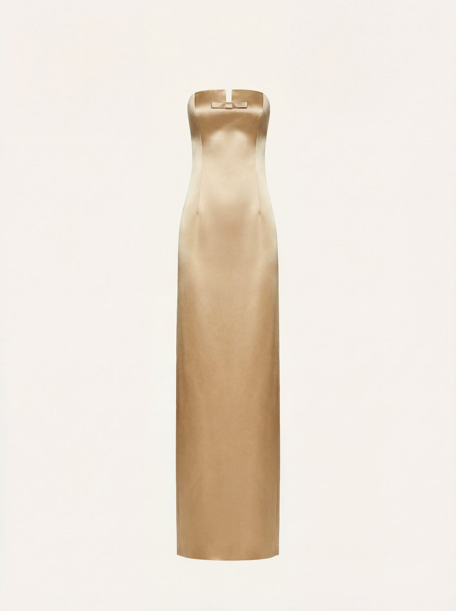 Strapless maxi dress with bow in gold satin