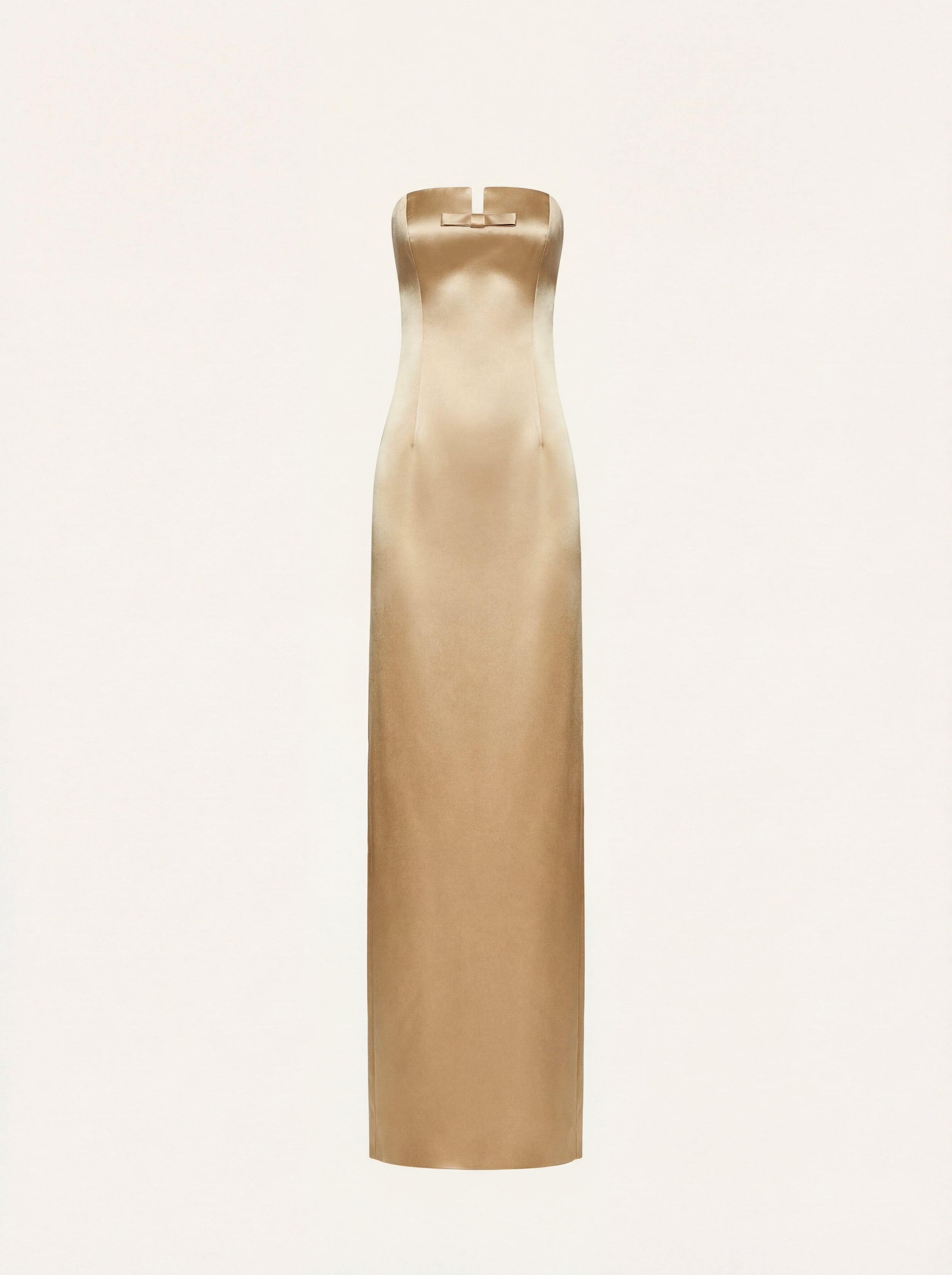 Strapless maxi dress with bow in gold satin