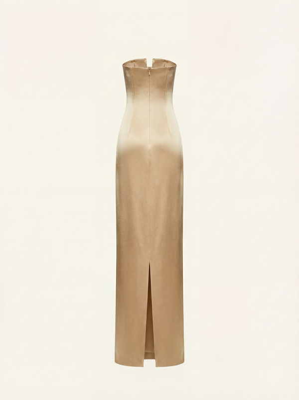 Strapless maxi dress with bow in gold satin