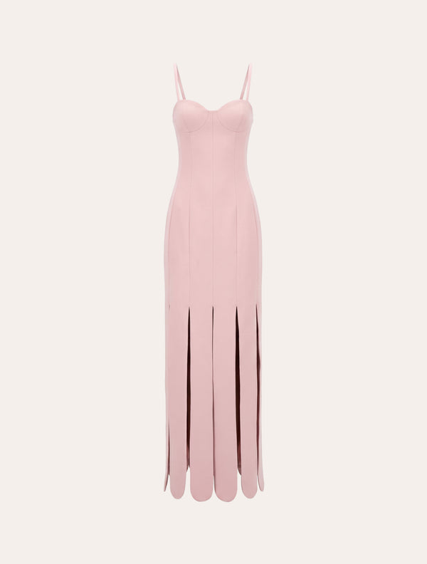 Scalloped fringes bustier maxi dress in baby pink