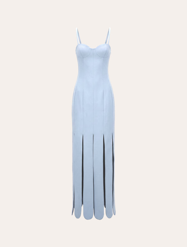 Scalloped fringes bustier maxi dress in baby blue