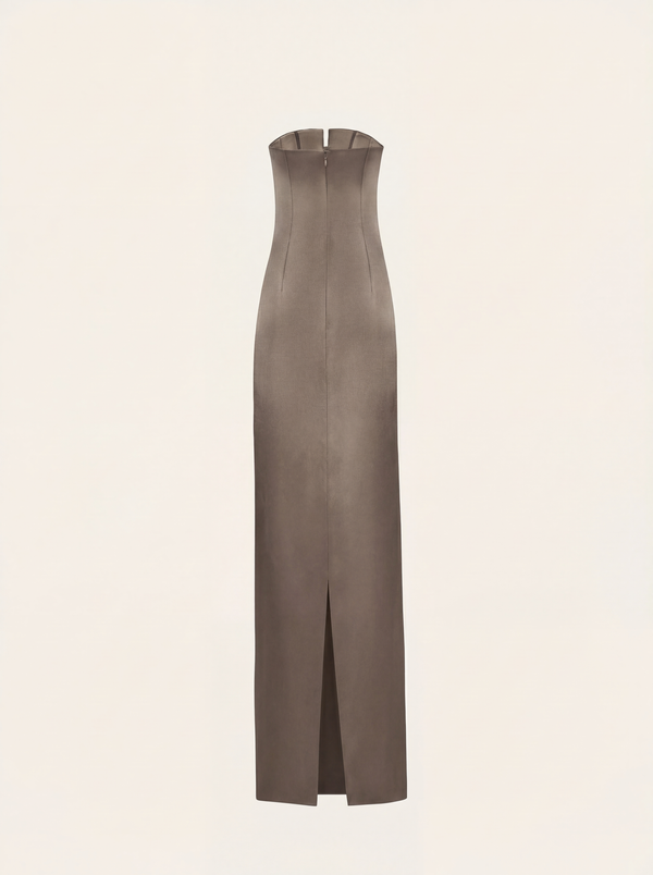 Strapless maxi dress with bow in greige satin