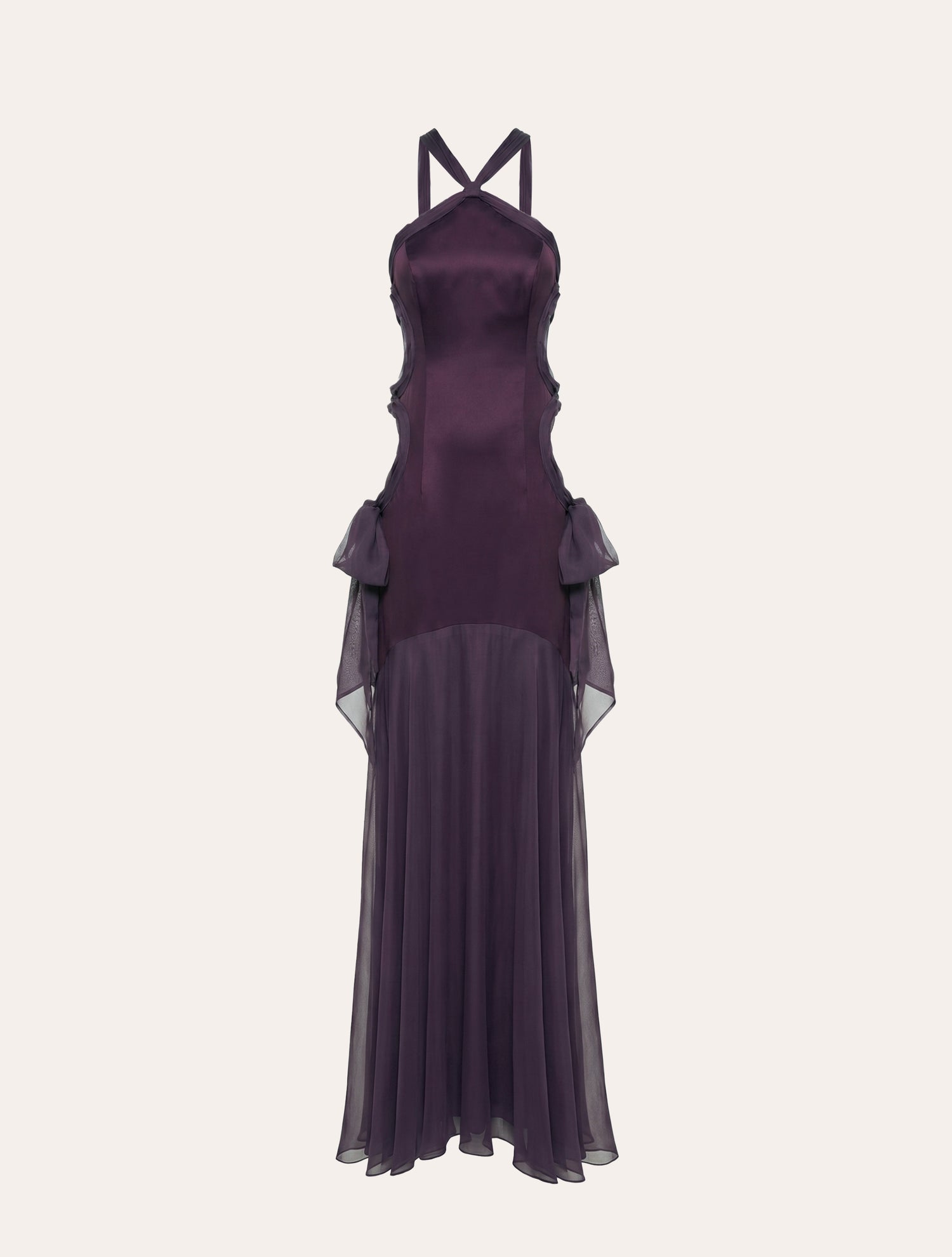 Halter neck maxi dress with draped cutout in purple