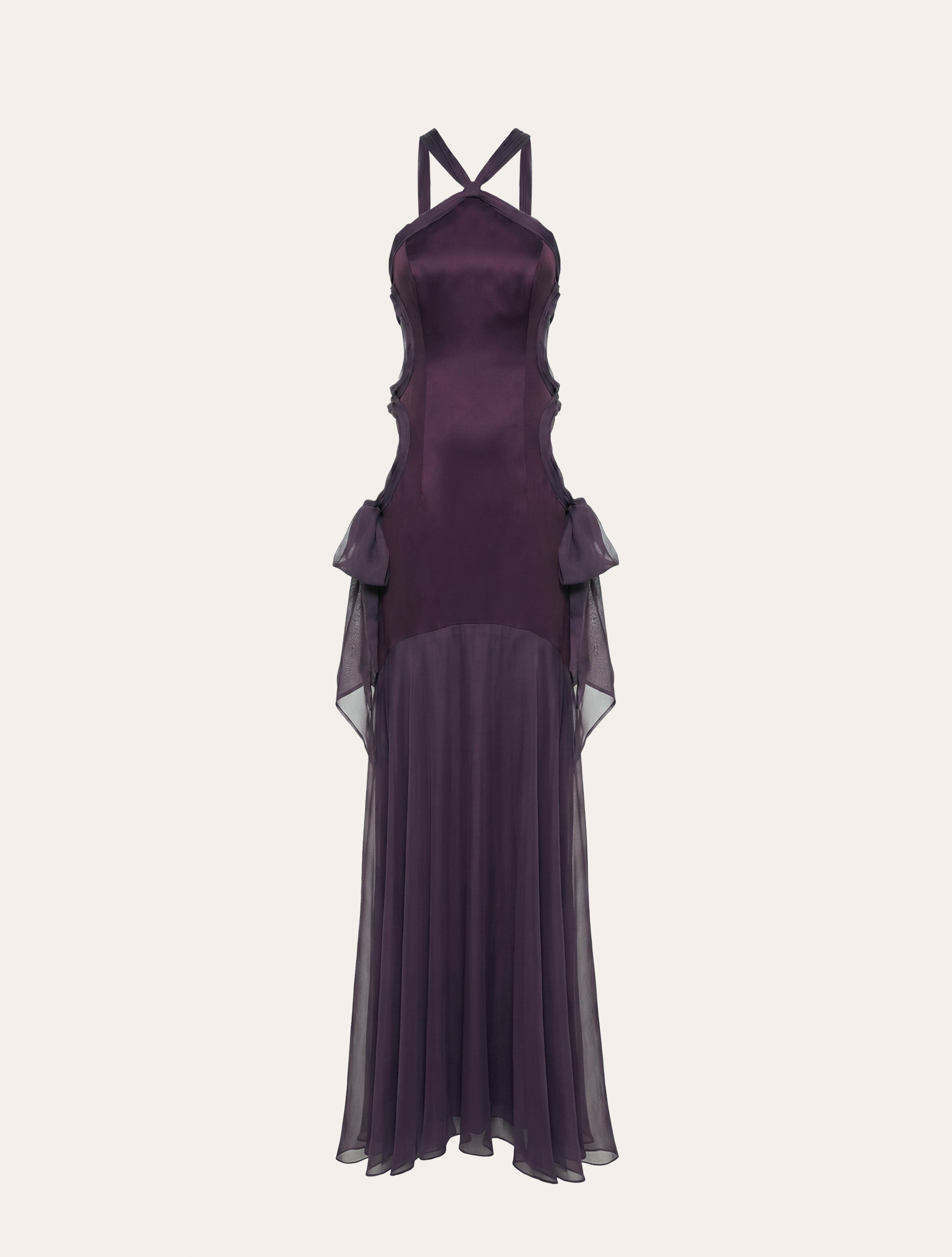 Halter neck maxi dress with draped cutout in purple