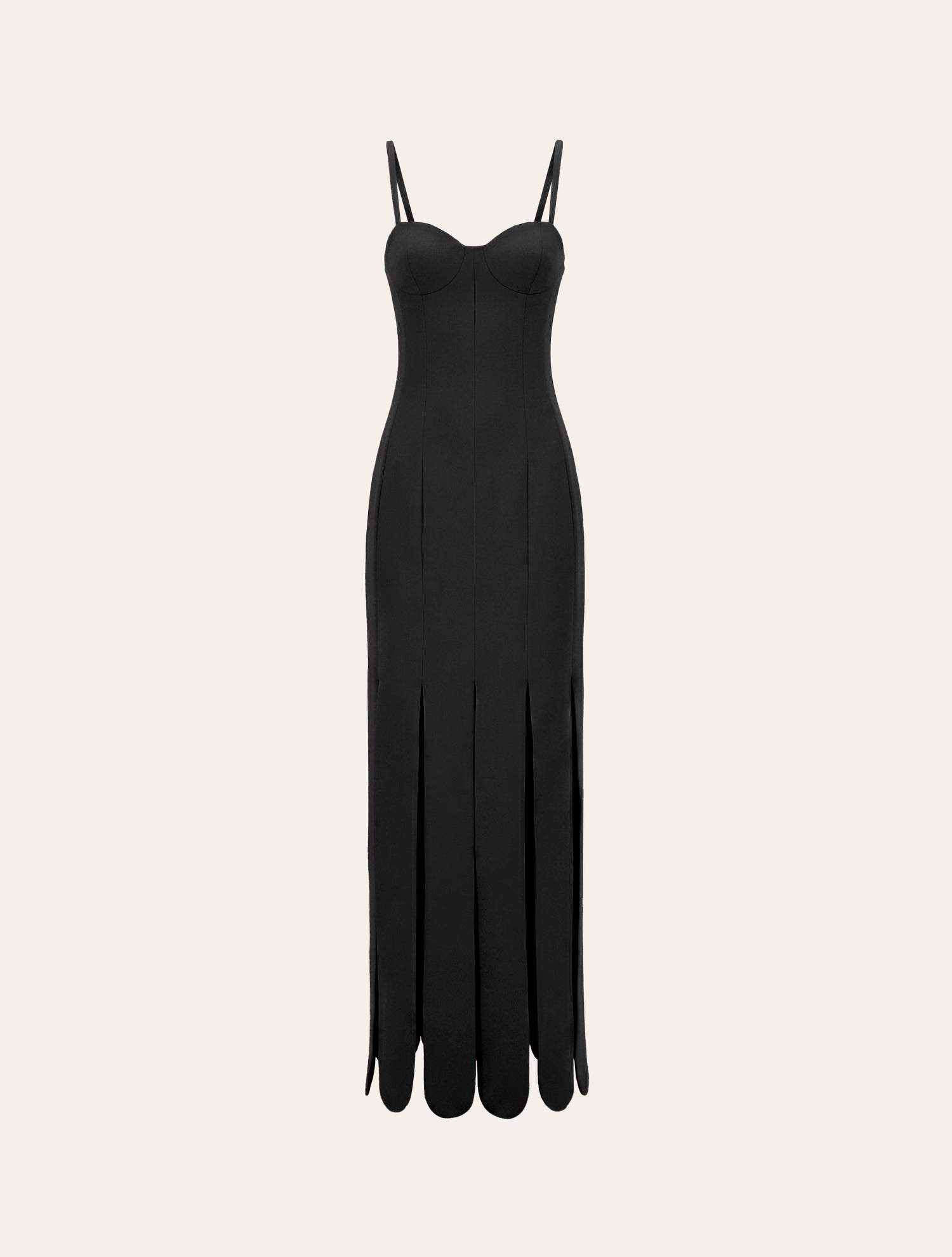 Scalloped fringes bustier maxi dress in black