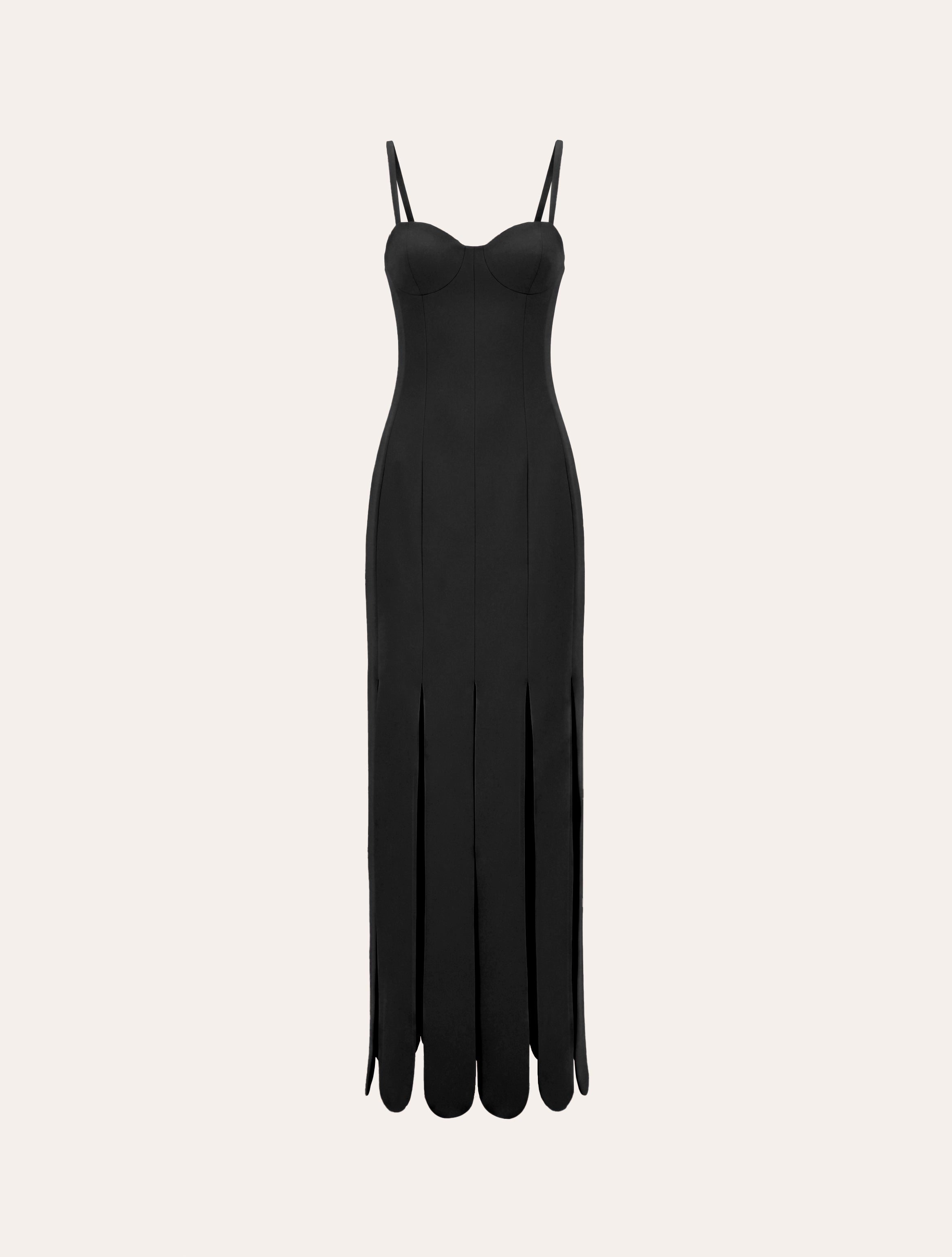 Scalloped fringes bustier maxi dress in black