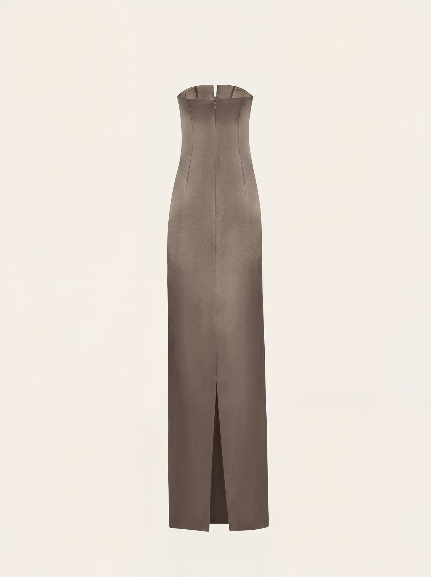Strapless maxi dress with bow in greige satin