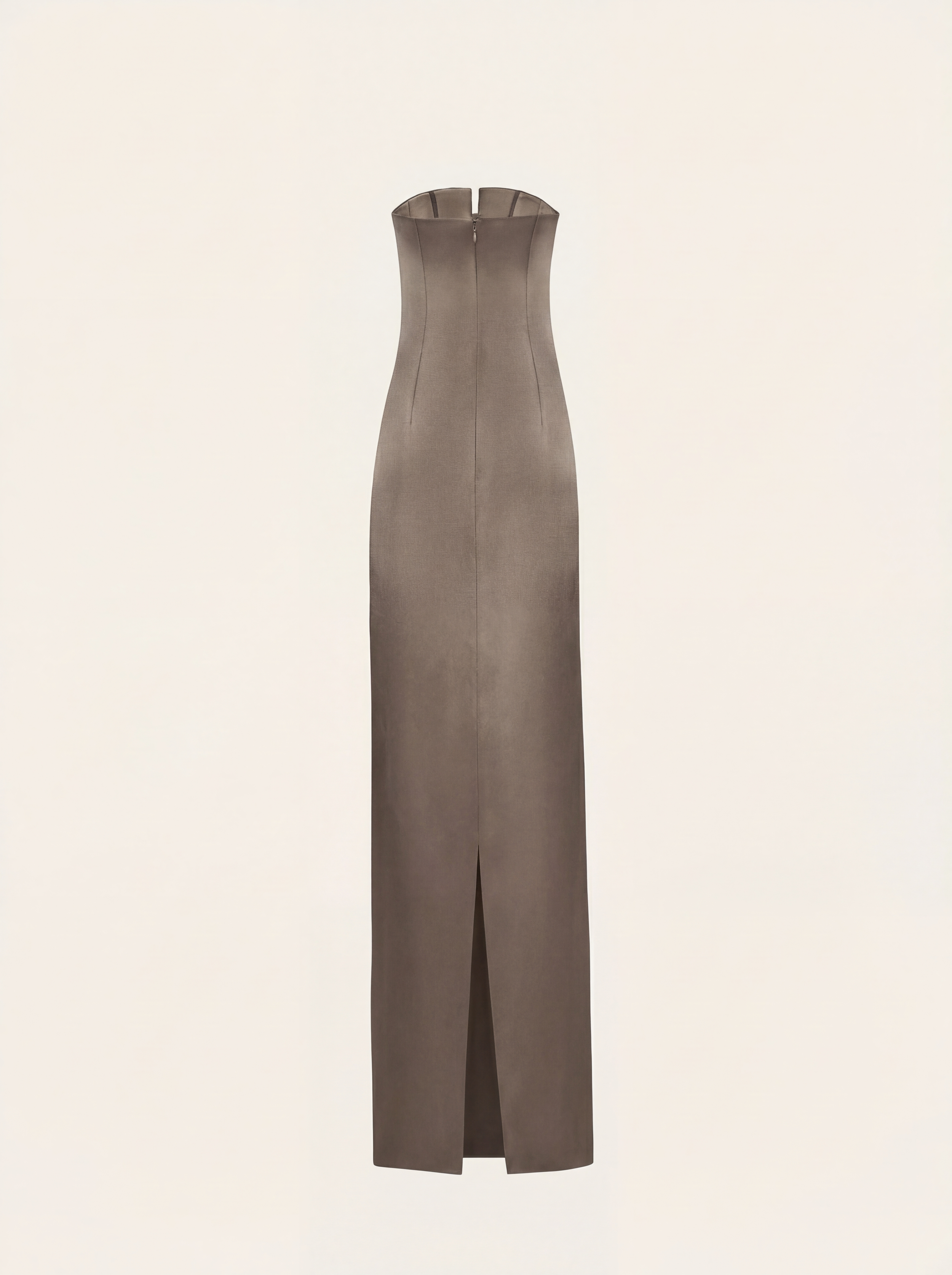 Strapless maxi dress with bow in greige satin