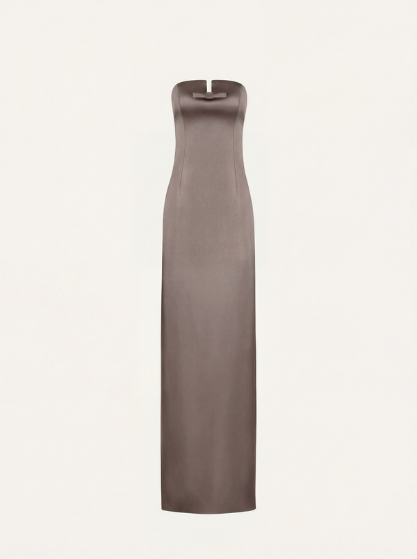 Strapless maxi dress with bow in greige satin