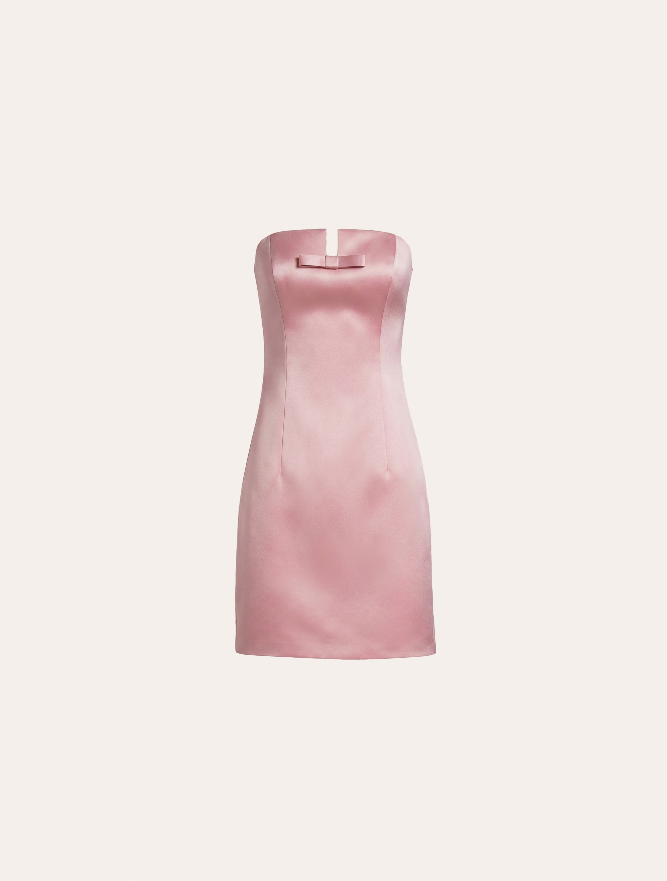 Strapless mini dress with bow in baby pink satin