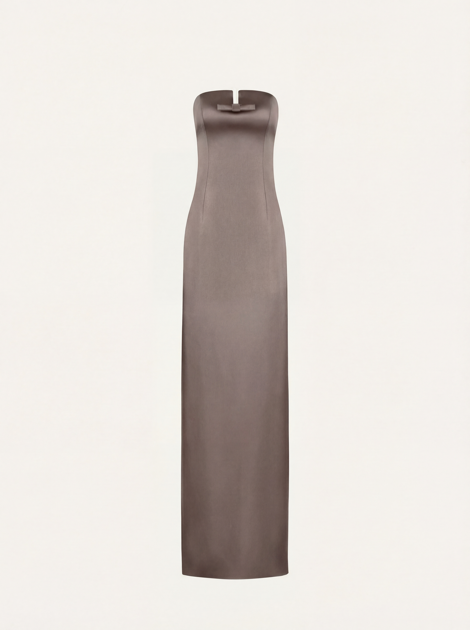 Strapless maxi dress with bow in greige satin
