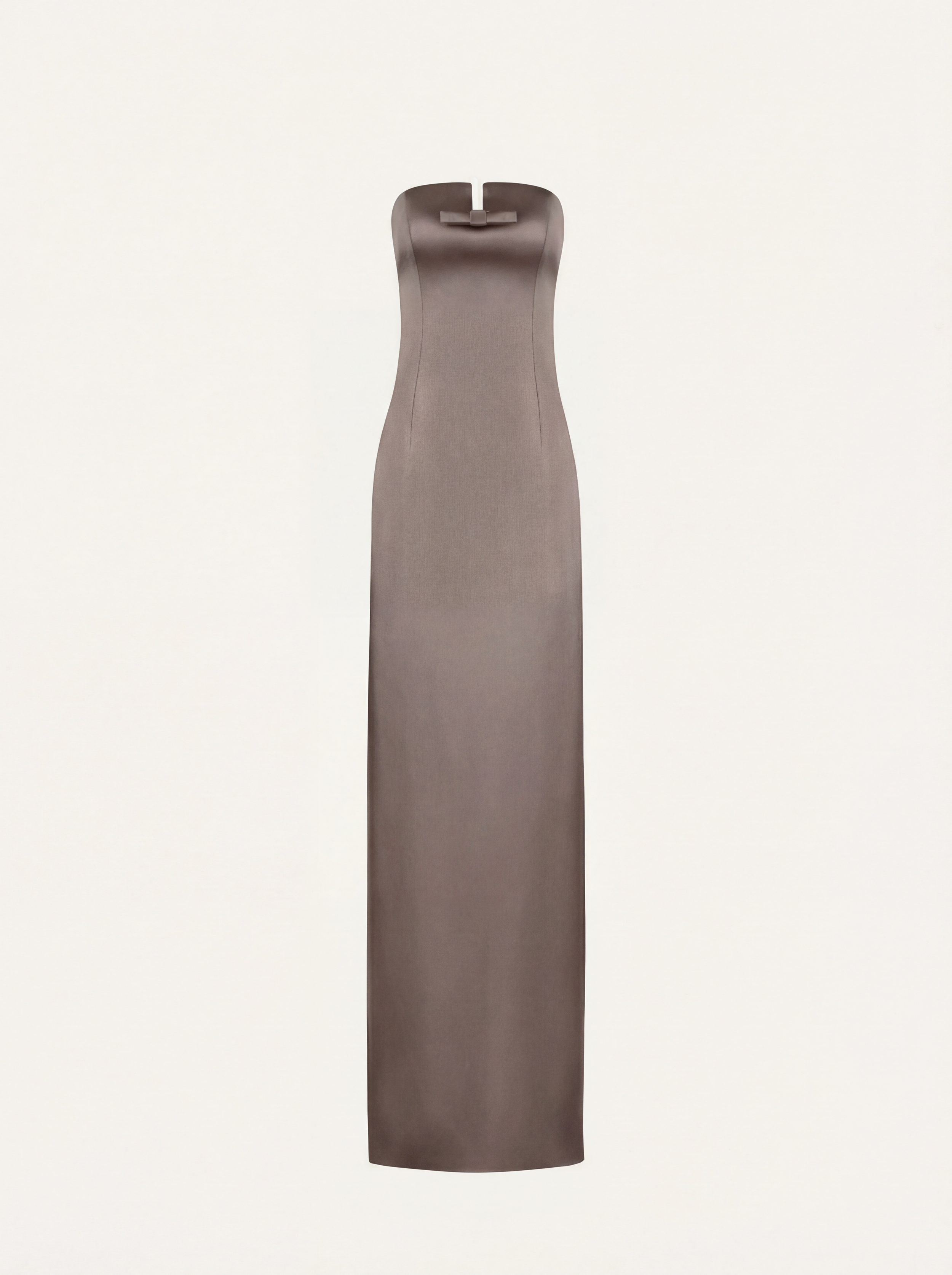 Strapless maxi dress with bow in greige satin
